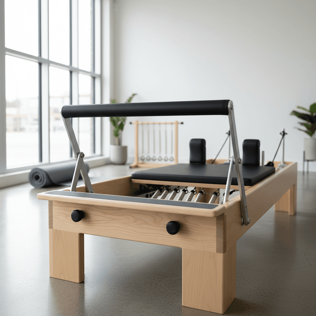 A Pilates reformer set up in a sunlit Toronto apartment living room