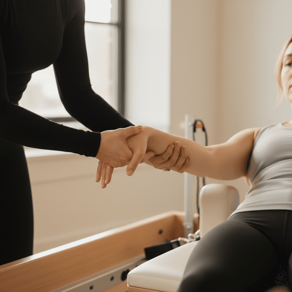 Pilates instructor gently guiding a client's alignment on a reformer in a bright, airy studio